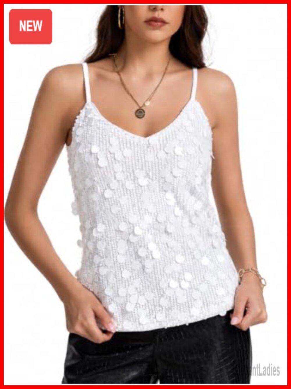 Sequin Camisole Top Spaghetti Strap Sparkly V Neck Adjustable Straps
